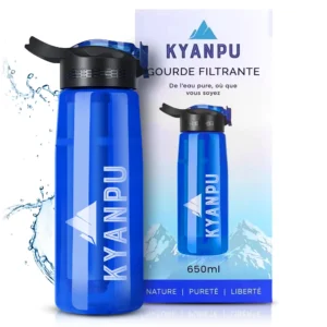 Gourde filtrante bleue Kyanpu 650ml pour randonnée et survie - Filtration eau non potable charbon actif