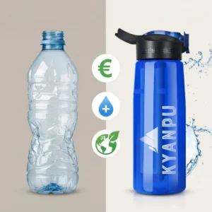 Infographie comparative entre gourde filtrante réutilisable et bouteilles d'eau en plastique jetables : coût annuel et impact écologique.