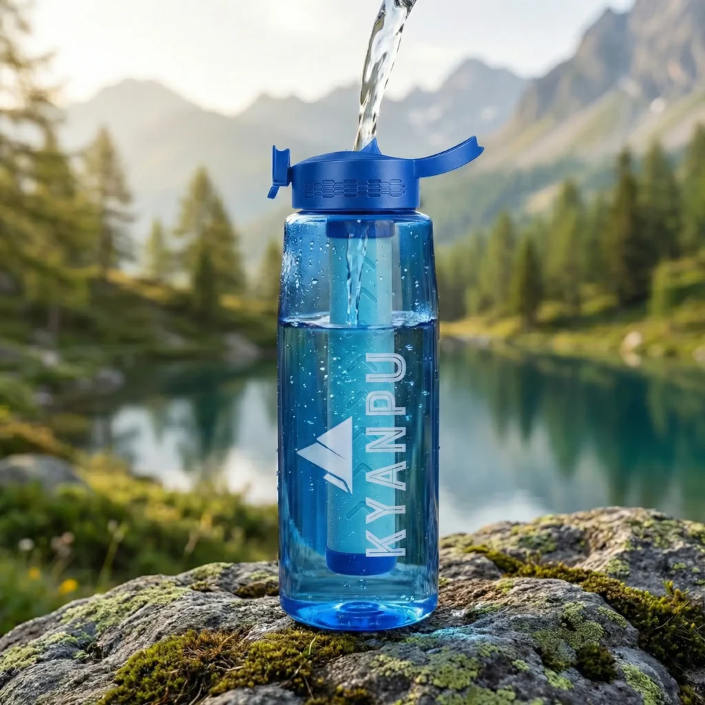 Gourde filtrante réutilisable avec charbon actif et perles de céramique pour purifier l'eau du robinet en voyage ou au bureau.