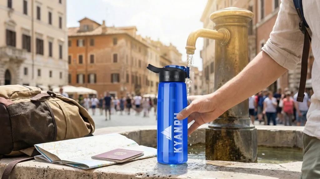 Guide d'utilisation d'une gourde filtrante pour boire l'eau du robinet en toute sécurité lors de vos voyages partout dans le monde.