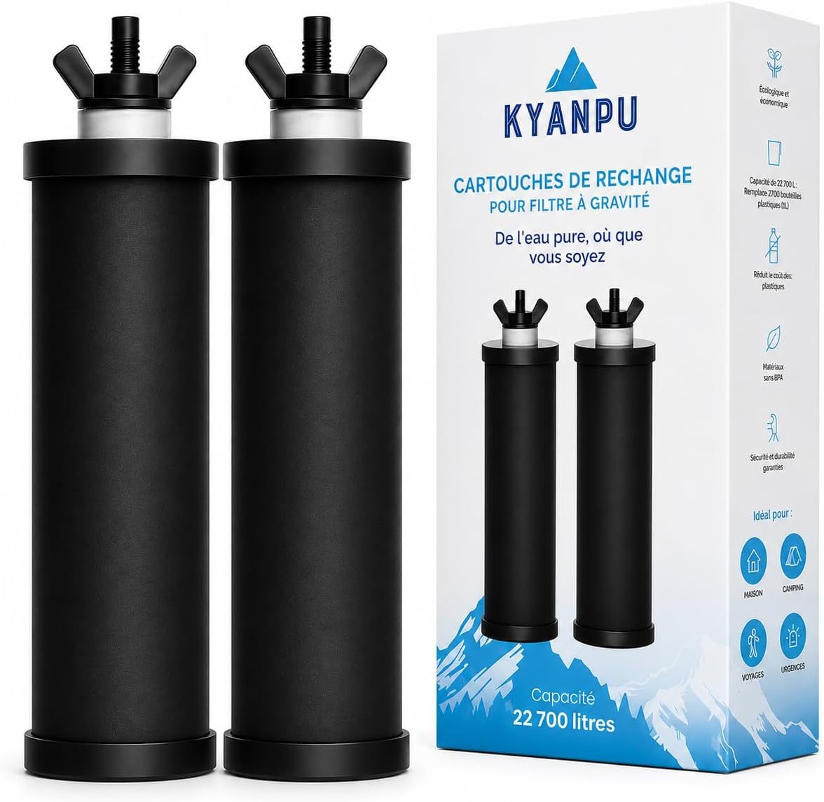 Deux cartouches Kyanpu pour fontaine à gravité devant leur boîte