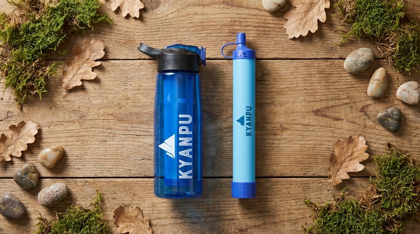Gourde filtrante et paille filtrante Kyanpu posées sur une table en bois