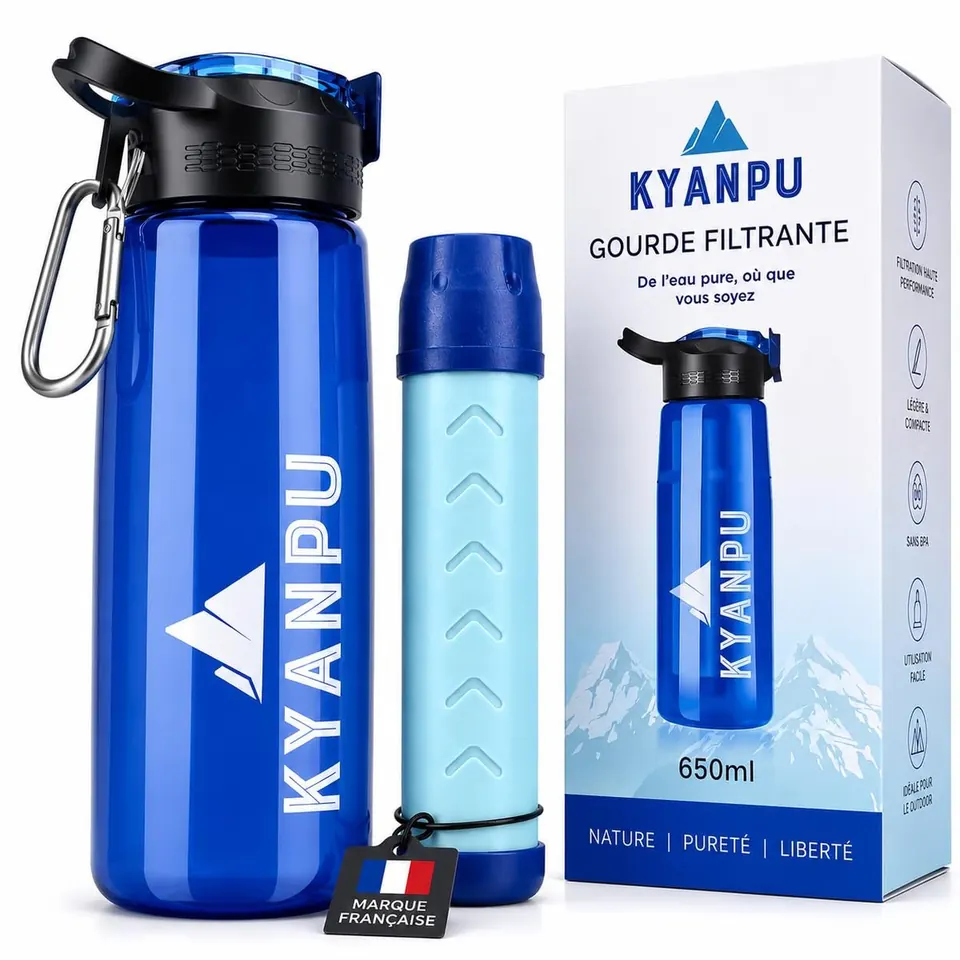 Gourde filtrante Kyanpu 650 ml, sa cartouche et sa boîte