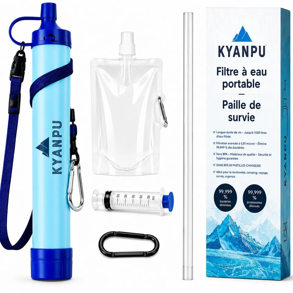 Kit paille filtrante Kyanpu : paille, poche, seringue, rallonge, mousqueton et boîte